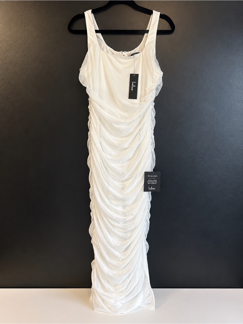 NWT Lulus White Ruched Mesh Bodycon Midi Dress L Bridal Rehearsal Wedding